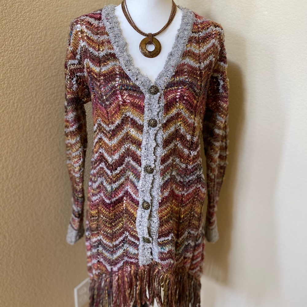 Zigzag Patterned Tunic Length Cardigan Sweater - image 2